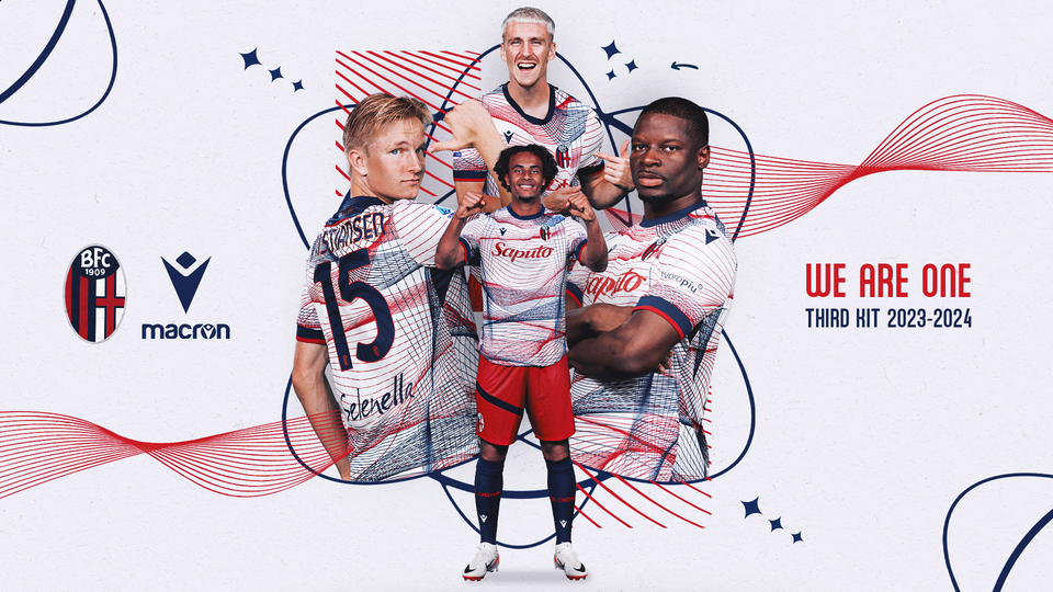 Promotional graphic for the Bologna FC 1909 2023-24 third kit, showing players in the white shirt with a wavy red and blue optical pattern.