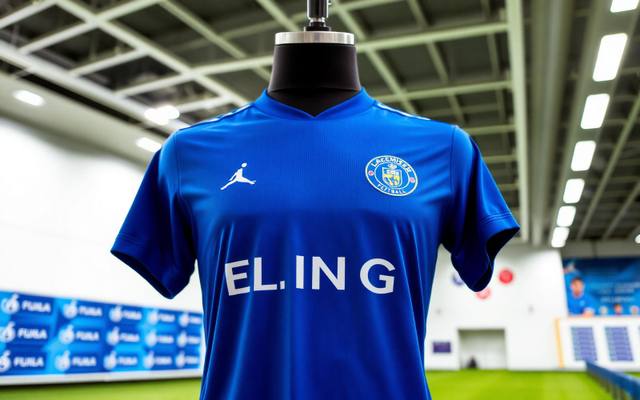 Blue football shirt on a mannequin at a club press launch