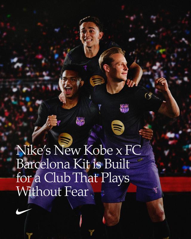 Campaign image showing FC Barcelona players in the black and purple Kobe x FC Barcelona collaboration shirt.