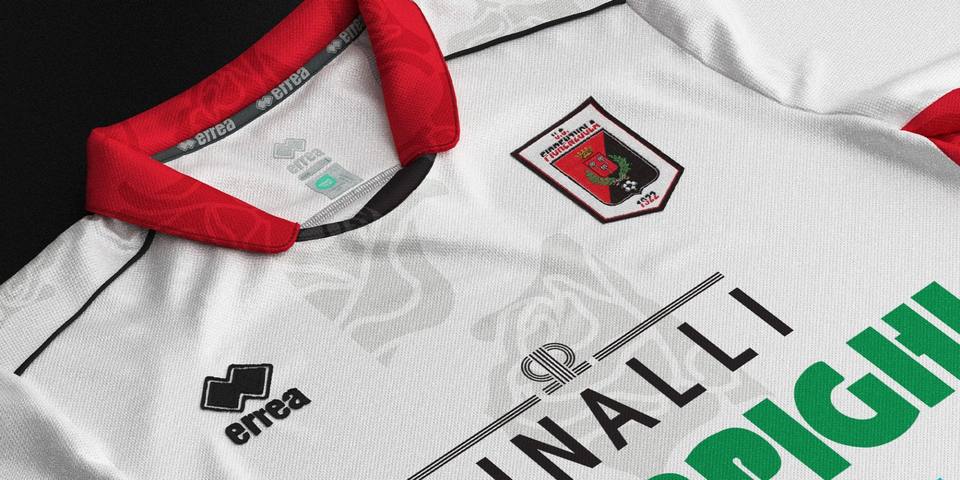 A close-up detail of the US Fiorenzuola away shirt showing the collar, club crest, and Erreà logo.