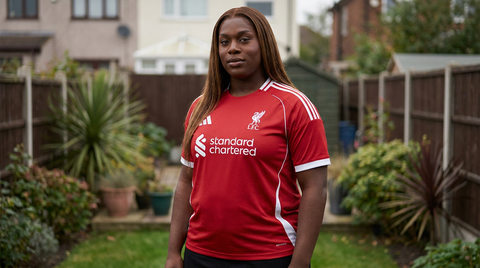 AI recreation of the Liverpool home 2025/26 shirt, generated by Kitlist from its documented design record.