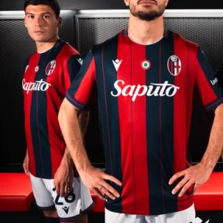 Bologna FC 1909 players wear the 2025/26 home shirt featuring classic red and blue vertical stripes.