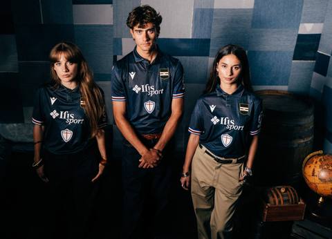 Three models presenting the U.C. Sampdoria 2025/26 third shirt by Macron.
