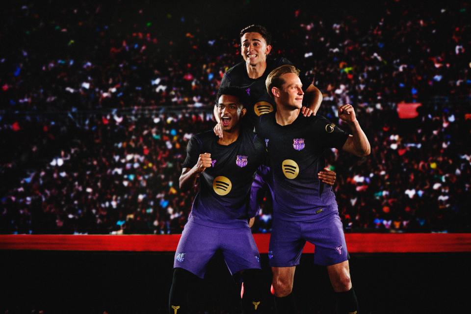 FC Barcelona players model the Kobe x FC Barcelona away shirt during a campaign shoot.