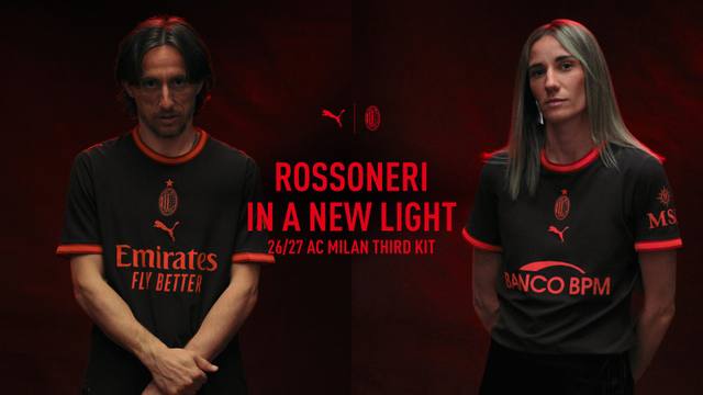 Campaign banner showcasing the 2026/27 AC Milan third kit worn by male and female players.