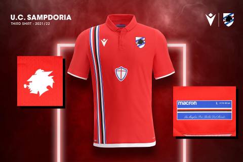 Presentation graphic of the U.C. Sampdoria 2021/22 red third shirt, featuring detail close-ups of the Baciccia logo and collar tag.