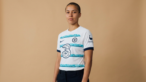 AI recreation of the Chelsea away 2022/23 shirt, generated by Kitlist from its documented design record.