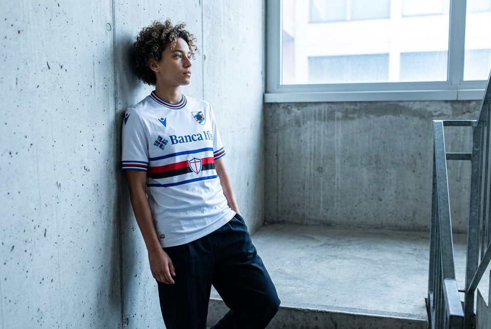 AI recreation of the U.C. Sampdoria away 2022/23 shirt, generated by Kitlist from its documented design record.