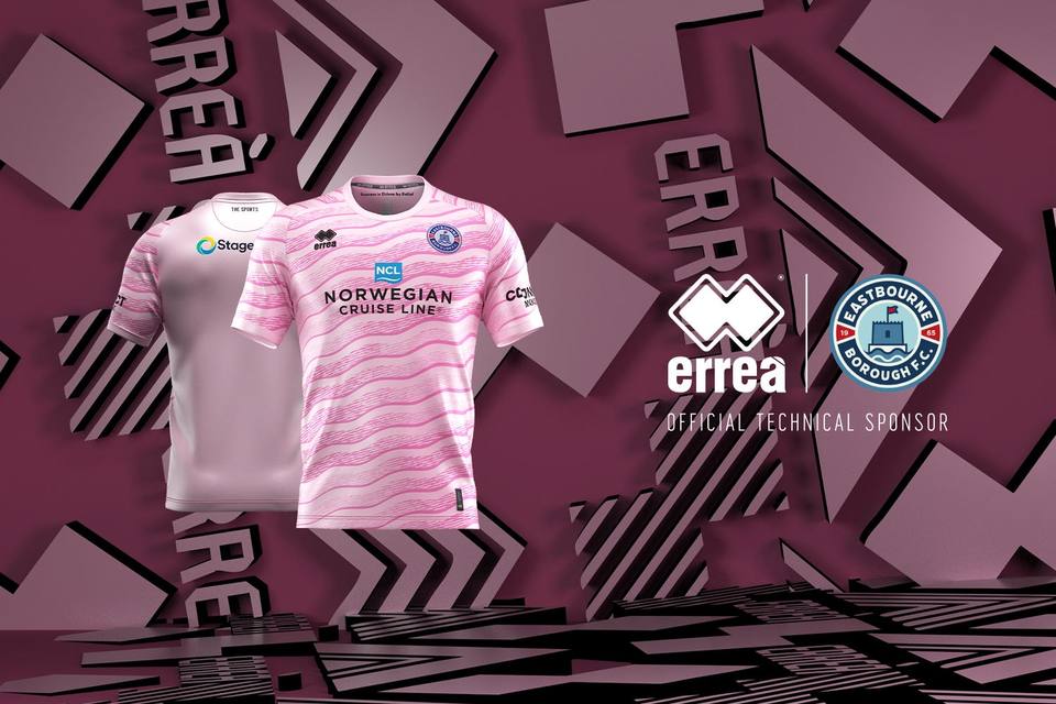 The Eastbourne Borough F.C. 2024/25 away shirt by Erreà, featuring a pink and white wavy design.