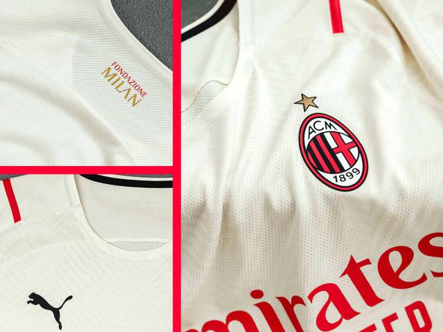 Detail views of the AC Milan 2021/22 away shirt, showing the club crest, Puma logo, and Fondazione Milan print.