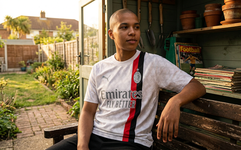 AI recreation of the AC Milan away 2023/24 shirt, generated by Kitlist from its documented design record.