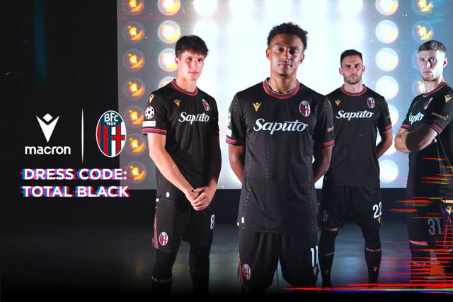 Bologna FC 1909 players presenting the black third kit for the 2024/25 season.
