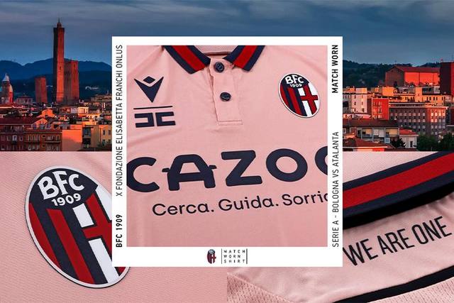 A promotional collage graphic for Bologna's pink special edition fourth shirt, created in collaboration with Fondazione Elisabetta Franchi.