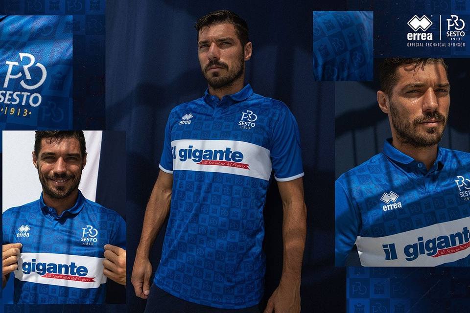 A collage of images showcasing the Pro Sesto 2020/21 away shirt by Erreà, worn by a player.