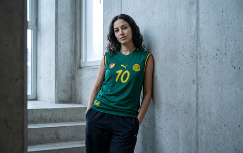 AI recreation of the Cameroon home 2002 shirt, generated by Kitlist from its documented design record.