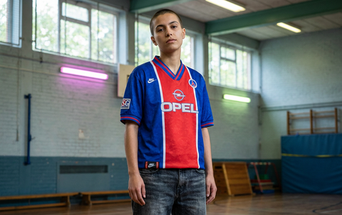 AI recreation of the Paris Saint-Germain home 1995/96 shirt, generated by Kitlist from its documented design record.