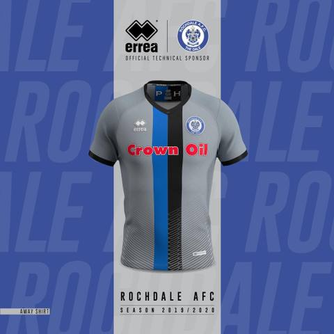 The Rochdale A.F.C. 2019/20 away shirt by Erreà, featuring a grey base with a vertical blue and black stripe.