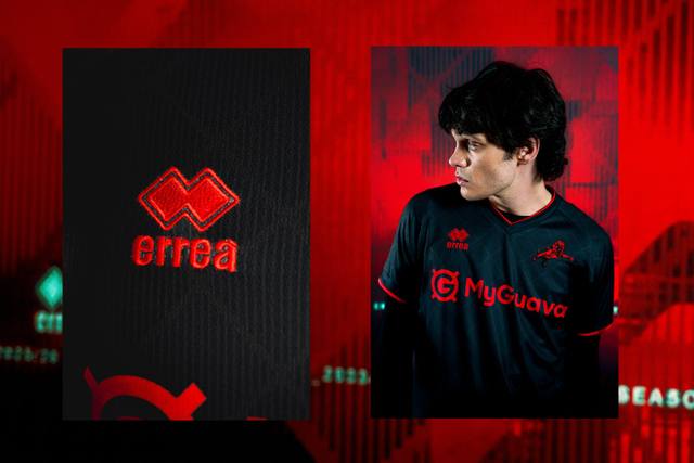 A promotional image showcasing the Millwall FC 2025/26 third shirt by Erreà, featuring a detailed close-up of the brand logo alongside a model wearing the black and red kit.