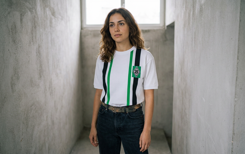 AI recreation of the Borussia Mönchengladbach home 1974 shirt, generated by Kitlist from its documented design record.
