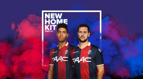 Promotional graphic presenting the new Bologna FC 1909 home shirt featuring the classic red and blue stripes.