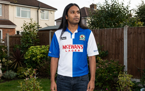 AI recreation of the Blackburn Rovers home 1994-96 shirt, generated by Kitlist from its documented design record.