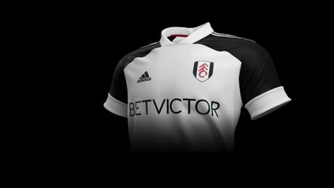 The Fulham FC 2020/21 home shirt features a white body with black sleeves and a white collar.