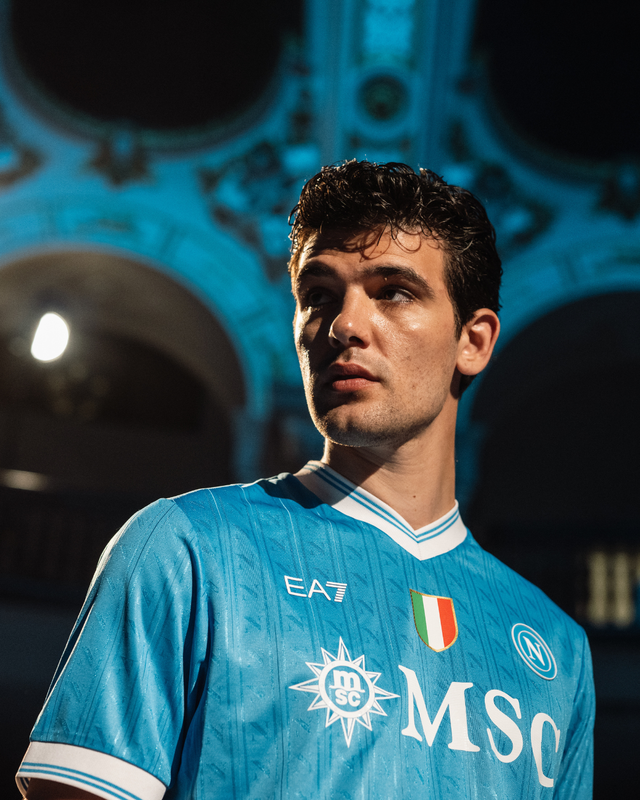 SSC Napoli home shirt worn by a model in a promotional photoshoot.