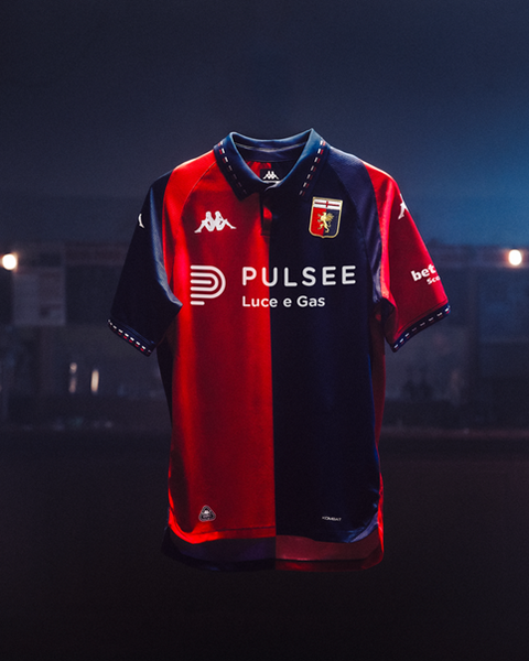 A front view of the Genoa CFC home shirt featuring the classic red and blue halves.