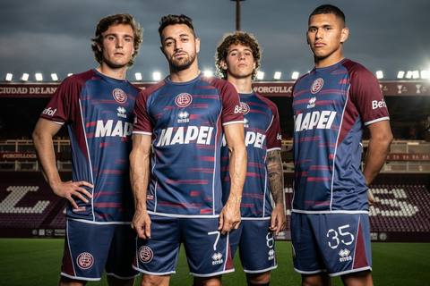 Four Lanús players presenting the club's 2023/24 third kit at the Estadio Ciudad de Lanús.