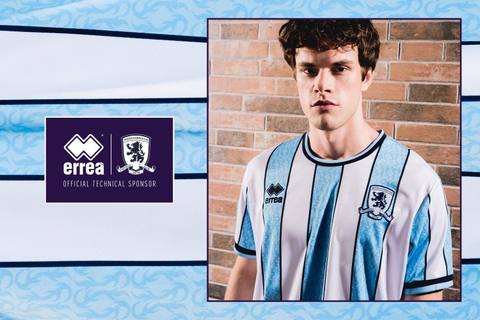 Promotional graphic showing the Middlesbrough 2024/25 away shirt worn by a model.
