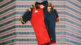 Genoa CFC 2023/24 fourth shirt shown in a product shot with a blurred architectural background.
