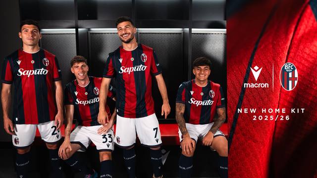Bologna FC 1909 players wearing the new 2025/26 home kit by Macron in a dressing room campaign photo.