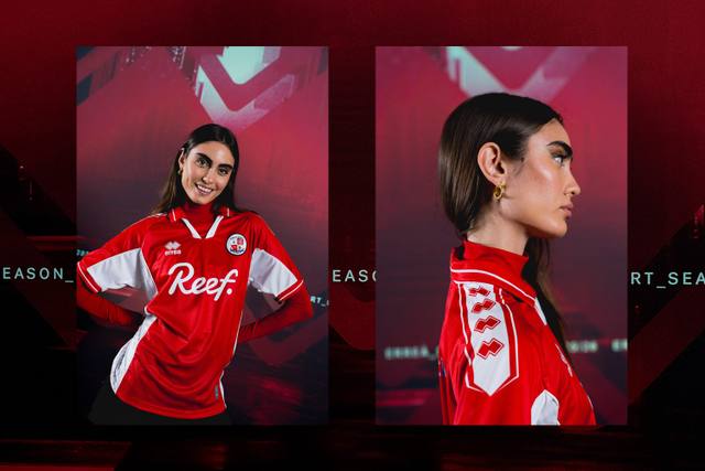 A presentation graphic featuring two photos of a model showcasing the new Erreà Crawley Town FC 2025/26 home shirt, showing a front view and a side detail view.