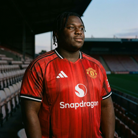 AI recreation of the Manchester United home 2025/26 shirt, generated by Kitlist from its documented design record.