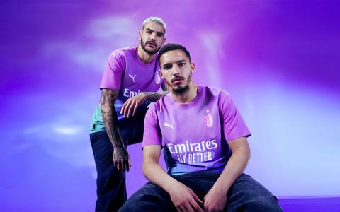AC Milan players Theo Hernández and Ismaël Bennacer wearing the 2023/24 third kit