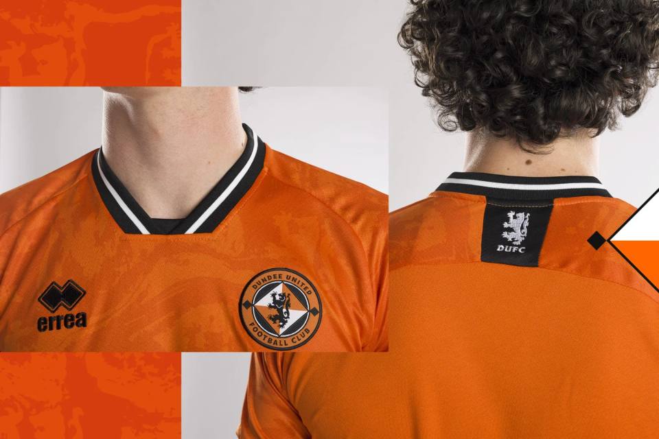 Detail views of the front collar, crest, and back neck of the Dundee United 2023/24 home shirt.