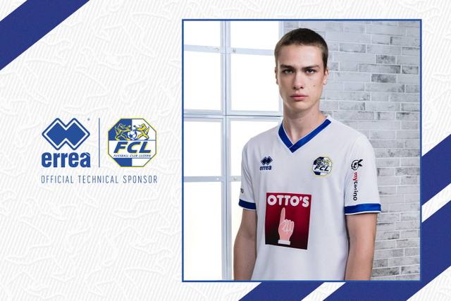 A promotional graphic presenting the FC Luzern 2024/25 away shirt worn by a model.