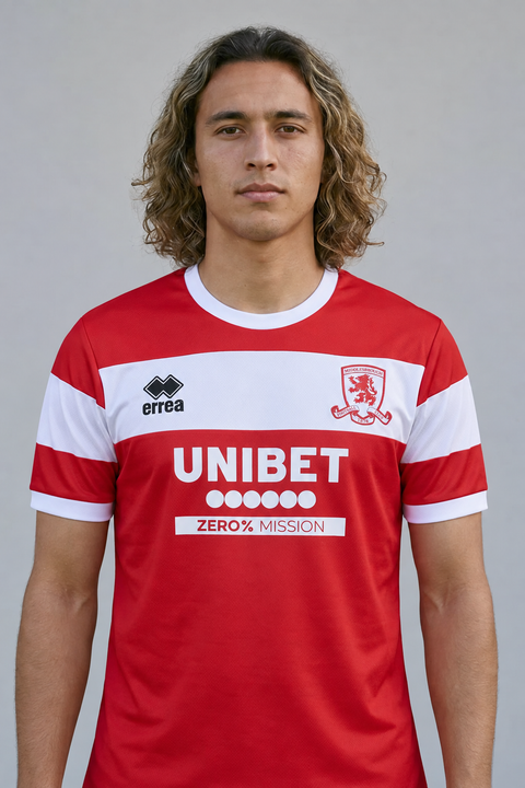 AI recreation of the Middlesbrough FC home 2024/25 shirt, generated by Kitlist from its documented design record.