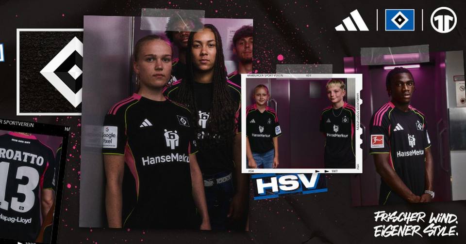 A campaign collage presenting Hamburger SV's 2025/26 third kit, showcasing a black design accented with pink details and bright piping.