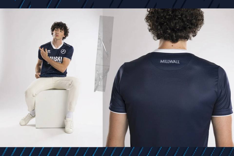 The Millwall FC 2023/24 home shirt, shown from the front and back on a model in a studio setting.